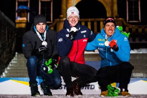 Biathlon, WM Östersund, 10km Sprint Herren, Siegerehrung 190309 lexander Loginov of Russia, Johannes Thingnes Bö of Norway and Quentin Fillon Maillet of France celebrates with their medals at the medal ceremony for the Men s 10 KM sprint during the IBU World Championships Biathlon on March 9, 2019 in Östersund. Photo: Petter Arvidson BILDBYRAN kod PA 92253 Copyright: PETTERxARVIDSON BB190309PA243