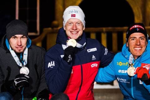 Biathlon, WM Östersund, 10km Sprint Herren, Siegerehrung 190309 lexander Loginov of Russia, Johannes Thingnes Bö of Norway and Quentin Fillon Maillet of France celebrates with their medals at the medal ceremony for the Men s 10 KM sprint during the IBU World Championships Biathlon on March 9, 2019 in Östersund. Photo: Petter Arvidson BILDBYRAN kod PA 92253 Copyright: PETTERxARVIDSON BB190309PA244