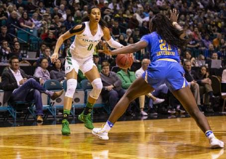 Mar 09 2019 Las Vegas, NV, U.S.A. Oregon forward Satou Sabally (0) looks to pass the ball during the NCAA College League USA Pac 12 Women s Basketball tournament semi-final between the UCLA Bruins and the Oregon Ducks 88-83 win at MGM Grand Garden Arena Las Vegas, NV. CSM NCAA Basketball 2019: Pac 12 Women s Basketball Tournament Semi-Final UCLA vs Oregon MAR 09 - ZUMAc04_ 20190309_zaf_c04_1189 Copyright: xThurmanxJamesx