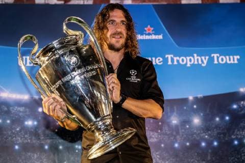 March 11, 2019 - Jakarta, Indonesia - Carles Puyol holds the UEFA Cup trophy during UEFA Champions League Trophy Tour in Jakarta on March 11, 2019 in Jakarta, Indonesia. UEFA Champions League Trophy Tour Presented By Heineken - Jakarta  - ZUMAn230 20190311_zaa_n230_167 Copyright: xAndrewxGalx