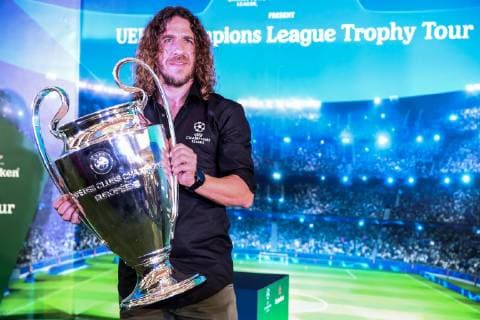 March 11, 2019 - Jakarta, Indonesia - Carles Puyol holds the UEFA Cup trophy during UEFA Champions League Trophy Tour in Jakarta on March 11, 2019 in Jakarta, Indonesia. UEFA Champions League Trophy Tour Presented By Heineken - Jakarta  - ZUMAn230 20190311_zaa_n230_166 Copyright: xAndrewxGalx