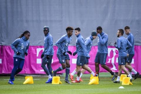 12.03.2019, xkvx, Fussball UEFA Champions League, FC Bayern Muenchen - FC Liverpool - Pressekonferenz und Training emspor, v.l. Renato Sanches (FCB - FC Bayern Muenchen), Kingsley Coman (FCB - FC Bayern Muenchen), James Rodriguez (FCB - FC Bayern Muenchen) (DFL DFB REGULATIONS PROHIBIT ANY USE OF PHOTOGRAPHS as IMAGE SEQUENCES and or QUASI-VIDEO) Muenchen