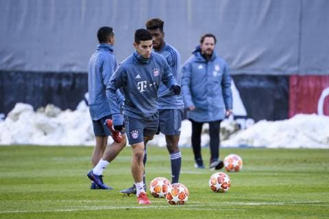 12.03.2019, xkvx, Fussball UEFA Champions League, FC Bayern Muenchen - FC Liverpool - Pressekonferenz und Training emspor, v.l. James Rodriguez (FCB - FC Bayern Muenchen) (DFL DFB REGULATIONS PROHIBIT ANY USE OF PHOTOGRAPHS as IMAGE SEQUENCES and or QUASI-VIDEO) Muenchen