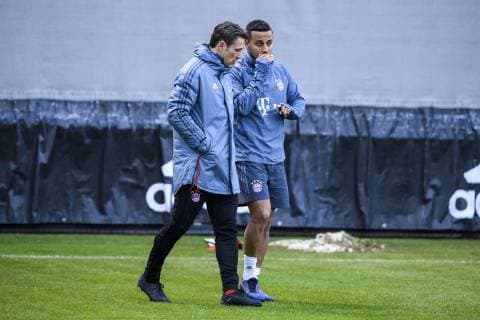 12.03.2019, xkvx, Fussball UEFA Champions League, FC Bayern Muenchen - FC Liverpool - Pressekonferenz und Training emspor, v.l. Trainer Niko Kovac (FCB - FC Bayern Muenchen), Thiago (FCB - FC Bayern Muenchen) (DFL DFB REGULATIONS PROHIBIT ANY USE OF PHOTOGRAPHS as IMAGE SEQUENCES and or QUASI-VIDEO) Muenchen