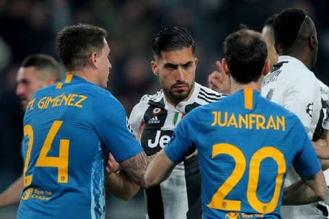 Turin, Italy, 12.03.2019, UEFA Champions League - 2018 19 Season, Round of 16 Second Leg, Juventus - Club de Atletico Madrid, Jose Maria Gimenez (ATL), Emre Can (JUV) und Juanfran (ATL) ( DeFodi541