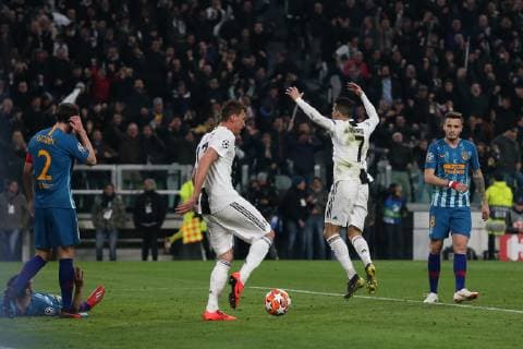 Cristiano Ronaldo of Juventus celebrates after scoring to give the side a 1-0 lead during the UEFA Champions League Round of 16 match at the Allianz Stadium, Turin, Italy. Picture date 12th March 2019. Picture credit should read: Jonathan Moscrop Sportimage EDITORIAL USE ONLY. No use with unauthorised audio, video, data, fixture lists, club league logos or live services. Online in-match use limited to 120 images, no video emulation. No use in betting, games or single club league player publications. SOLO0899.JPG