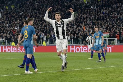 12th March 2019, Allianz Stadium, Turin, Italy; UEFA Champions League football, round of 16th 2nd leg, Juventus versus Atletico Madrid; Cristiano Ronaldo celebrates as he wins the crossed header and scores for 1-0 in the 27th minute  ActionPlus12114048 PierpaoloxPiciucco
