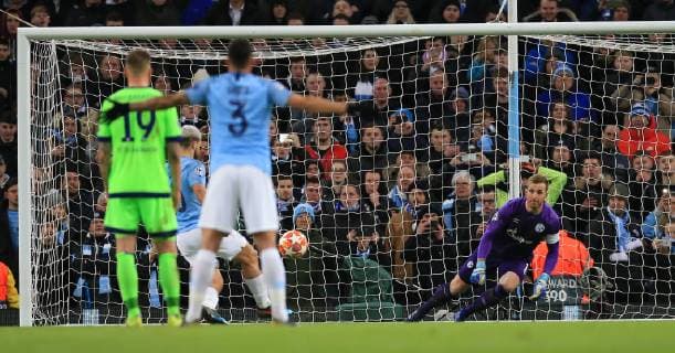 12th March 2019, Etihad Stadium, Manchester, England; UEFA Champions League football, round of 16, 2nd leg, Manchester City versus FC Schalke; Sergio Aguero of Manchester City beats Schalke goalkeeper Ralf F& xe4;hrmann from the penalty spot to give his side a 1-0 lead after 35 minutes  ActionPlus12114053 DavidxBlunsden
