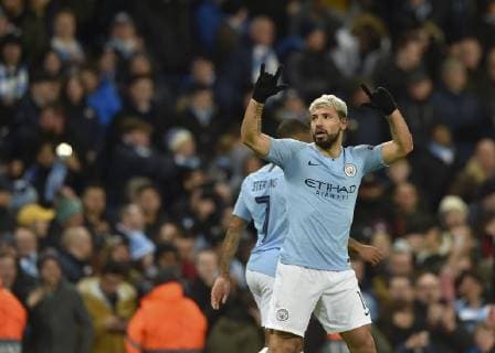 Manchester, United Kingdom, 12.03.2019, UEFA Champions League - 2018 19 Season, Round of 16 Second Leg, Manchester City - FC Schalke 04, Sergio Aguero (Manchester City) celebrates after scoring his second goal ( DeFodi056