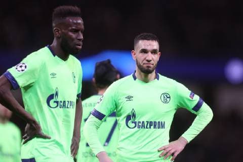 12.03.2019, Fussball, Saison 2018 2019, Champions League, Achtelfinale, Manchester City - FC Schalke 04 v. l. Salif Sane (FC Schalke 04), Nabil BENTALEB (FC Schalke 04) Manchester Etihad Stadium Deutschland