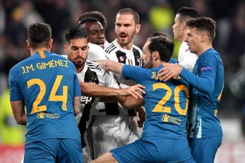 Jose Maria Gimenez of Atletico Madrid , Emre Can, Blaise Matuidi and Leonardo Bonucci of Juventus, Juanfran and Santiago Arias of Atletico Madrid argue during the Uefa Champions League 2018 2019 round of 16 second leg football match between Juventus and Atletico Madrid at Juventus stadium, Turin, March, 12, 2019 Foto Andrea Staccioli Insidefoto andreaxstaccioli