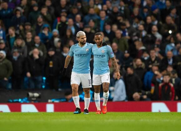Manchester City v FC Schalke 04 UEFA Champions League Sergio Aguero (left) and Raheem Sterling of Manchester City after Aguero made it 2-0 to their team during the UEFA Champions League match at the Etihad Stadium, Manchester Content Not Available For UK Newspapers Copyright: xRussellxHartx FIL-12984-0017