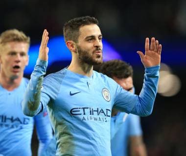12th March 2019, Etihad Stadium, Manchester, England; UEFA Champions League football, round of 16, 2nd leg, Manchester City versus FC Schalke; Bernado Silva of Manchester City celebrates scoring his team s fifth goal after 71 minutes  ActionPlus12114075 DavidxBlunsden