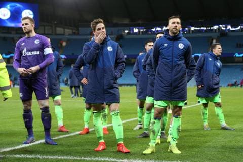 12.03.2019, Fussball, Saison 2018 2019, Champions League, Achtelfinale, Manchester City - FC Schalke 04 v. l. Ralf Fährmann (FC Schalke 04), Bastian Oczipka (FC Schalke 04), Guido Burgstaller (FC Schalke 04) Manchester Etihad Stadium Deutschland