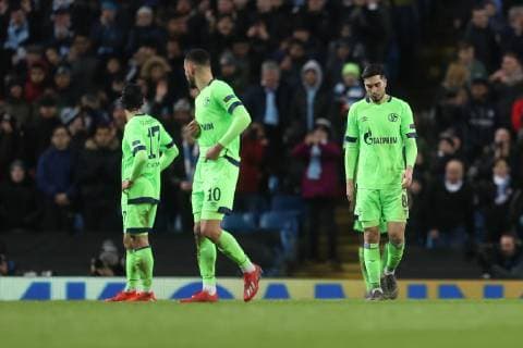 12.03.2019, Fussball, Saison 2018 2019, Champions League, Achtelfinale, Manchester City - FC Schalke 04 v. l. Benjamin STAMBOULI (FC Schalke 04), Benjamin STAMBOULI (FC Schalke 04), Suat Serdar (FC Schalke 04) Manchester Etihad Stadium Deutschland