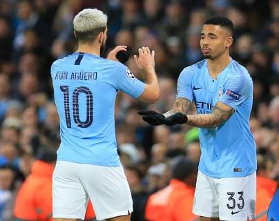 12th March 2019, Etihad Stadium, Manchester, England; UEFA Champions League football, round of 16, 2nd leg, Manchester City versus FC Schalke; Sergio Aguero of Manchester City is replaced by substitute Gabriel Jesus  ActionPlus12114091 DavidxBlunsden