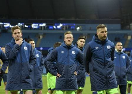 Manchester, United Kingdom, 12.03.2019, UEFA Champions League - 2018 19 Season, Round of 16 Second Leg, Manchester City - FC Schalke 04, FC Schalke 04 players looks dejected ( DeFodi056