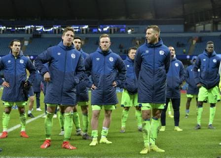 Manchester, United Kingdom, 12.03.2019, UEFA Champions League - 2018 19 Season, Round of 16 Second Leg, Manchester City - FC Schalke 04, FC Schalke 04 players looks dejected ( DeFodi056