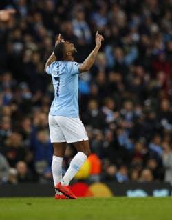 Football - 2018 2019 UEFA Champions League - Round of Sixteen, Second Leg: Manchester City (3) FC Schalke 04 (2) Raheem Sterling of Manchester City celebrates at The Etihad. COLORSPORT LYNNE CAMERON 
