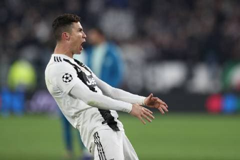 Cristiano Ronaldo of Juventus celebrates after the final whistle during the UEFA Champions League Round of 16 match at the Allianz Stadium, Turin, Italy. Picture date 12th March 2019. Picture credit should read: Jonathan Moscrop Sportimage EDITORIAL USE ONLY. No use with unauthorised audio, video, data, fixture lists, club league logos or live services. Online in-match use limited to 120 images, no video emulation. No use in betting, games or single club league player publications. YODA1351.JPG