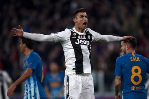 March 12, 2019 - Turin, Italy - Juventus striker CRISTIANO RONALDO celebrates scoring against Atletico Madrid during Champions League action at Stadio Allianz Stadium. Ronaldo s hat-trick in the match propels Juventus past Atletico and into the Champions League quarter-finals. Soccer 2019: Juventus 3:0 Atletico Madrid  - ZUMAn230 20190312_zaa_n230_518 Copyright: xJosexBretonx