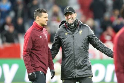 l-r: Dejan Lovren 6 (Liverpool FC), Chef-Trainer Juergen Klopp (Liverpool FC) gut gelaunt am Lachen, FC Bayern Muenchen vs. Liverpool FC, Fussball, Champions League, Achtelfinale, 13.03.2019 Muenchen Bayern Deutschland