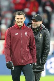 Dejan Lovren 6 (Liverpool FC) und Chef-Trainer Juergen Klopp (Liverpool FC) gut gelaunt, FC Bayern Muenchen vs. Liverpool FC, Fussball, Champions League, Achtelfinale, 13.03.2019 Muenchen Bayern Deutschland