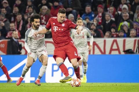 12.03.2019, xkvx, Fussball UEFA Champions League, FC Bayern Muenchen - FC Liverpool - Pressekonferenz und Training emspor, v.l. Mohamed Salah (FC Liverpool), Niklas Suele (FCB - FC Bayern Muenchen) (DFL DFB REGULATIONS PROHIBIT ANY USE OF PHOTOGRAPHS as IMAGE SEQUENCES and or QUASI-VIDEO) Muenchen