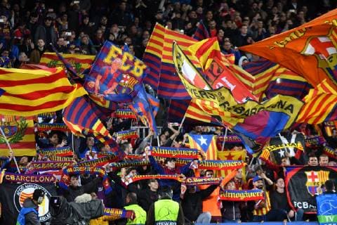 FC Barcelona Barca supporters during the football match, champions league, between FC Barcelona vs Olympique de Lyon on March 13, 2019 at Camp Nou stadium in Barcelona, Spain. Cordon Press
