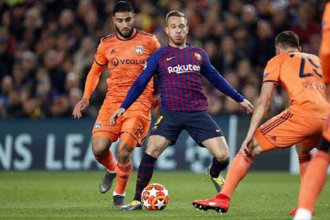 (l-r) Nabil Fekir of Olympique Lyonnais, Arthur Henrique Ramos de Oliveira Melo of FC Barcelona Barca during the UEFA Champions League round of 16 match between FC Barcelona and Olympique Lyonnais at Camp Nou on March 13, 2019 in Barcelona, Spain UEFA Champions League 2018 2019 xVIxVIxImagesx xMauricexvanxSteenxIVx 13897864
