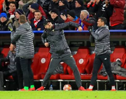 13.03.2019, Fussball UEFA Champions-League 2018 2019, Achtelfinale Rückspiel, FC Bayern München - FC Liverpool, in der Allianz-Arena München, Torjubel Trainer Jürgen Klopp (FC Liverpool).