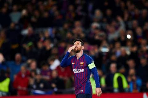 FC Barcelona Barca s Leo Messi celebrates after scoring the 1-0 lead during a UEFA Champions League round of 16 second leg soccer match between FC Barcelona and Olympique Lyon at Camp Nou in Barcelona, Catalonia, north eastern Spain, 13 March 2019. FC Barcelona vs Olympique Lyon !ACHTUNG: NUR REDAKTIONELLE NUTZUNG!  Copyright: xAlejandroxGarcíax GRAF3883 20190313-636881095363936982
