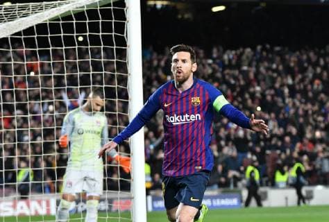 Messi celebreting goal during the champion league football match, between FC Barcelona Barca and Olympique Lyon on March 13, 2019 at Camp Nou stadium in Barcelona, Spain Cordon Press