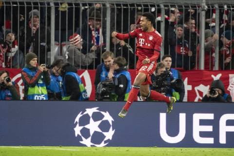 12.03.2019, xkvx, Fussball UEFA Champions League, FC Bayern Muenchen - FC Liverpool - Pressekonferenz und Training emspor, v.l. Torjubel, Goal celebration, celebrate the goal zum 1:1 durch Serge Gnabry (FCB - FC Bayern Muenchen) (DFL DFB REGULATIONS PROHIBIT ANY USE OF PHOTOGRAPHS as IMAGE SEQUENCES and or QUASI-VIDEO) Muenchen