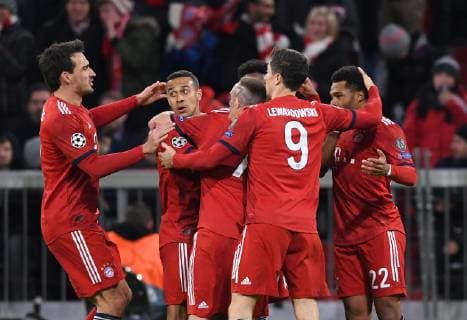 FUSSBALL CHAMPIONS LEAGUE SAISON 2018 2019 ACHTELFINAL RUECKSPIEL FC Bayern Muenchen - FC Liverpool 13.03.2019 Mats Hummels, Thiago Alcantara, Franck Ribery, Robert Lewandowski und Serge Gnabry (v.l., alle FC Bayern Muenchen) jubeln nach dem 1:1