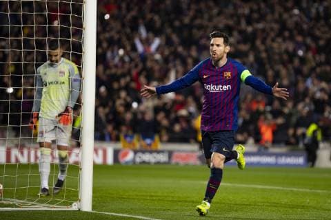 13.03.2019, xslx, Fussball Champions League, FC Barcelona Barca - Olympique Lyon emspor, v.l. Lionel Messi (FC Barcelona) Jubelt nach den Tor zum 1-0 (DFL DFB REGULATIONS PROHIBIT ANY USE OF PHOTOGRAPHS as IMAGE SEQUENCES and or QUASI-VIDEO) Barcelona