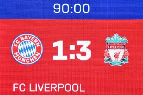 Videowand mit Endergebnis FC Bayern Muenchen (M) - FC Liverpool (LIV) 1-3, Fussball Champions League,Achtelfinale, am 13.03.2019. A L L I A N Z A R E N A. DFL REGULATIONS PROHIBIT ANY USE OF PHOTOGRAPHS AS IMAGE SEQUENCES AND OR QUASI-VIDEO.