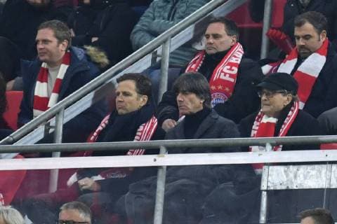 Bundestrainer Joachim Jogi LOEW,LÖW (GER) und Oliver BIERHOFF (Teammanager GER) auf der Tribuene. FC Bayern Muenchen (M) - FC Liverpool (LIV) 1-3, Fussball Champions League,Achtelfinale, am 13.03.2019. A L L I A N Z A R E N A. DFL REGULATIONS PROHIBIT ANY USE OF PHOTOGRAPHS AS IMAGE SEQUENCES AND OR QUASI-VIDEO.