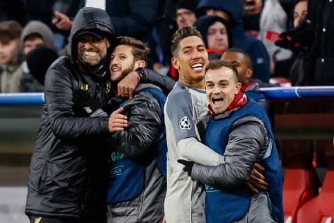 Deutschland, Muenchen 13.03.2019, UEFA Champions League - 2018 19 Season, Round of 16, Second leg, FC Bayern Muenchen- Liverpool FC, Trainer Juergen Klopp (LFC), Adam Lallana (LFC)Roberto Firmino (LFC) und Xherdan Shaqiri (LFC) bejubeln das 1:3 durch Sadio Mane (LFC) ( DeFodi048