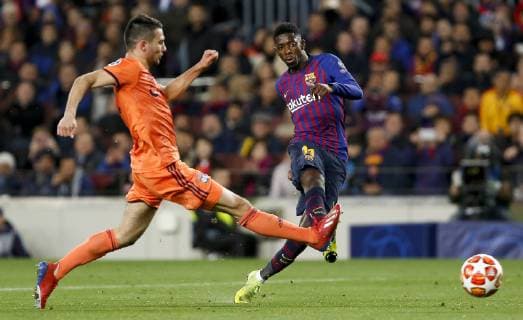 Barcelona x Lyon BARCELONA, CA - 13.03.2019: BARCELONA X LYON - Dembelé kicks to make the fifth goal of Barcelona during the match between Barcelona and Lyon held at the Camp Nou in Barcelona, CA. The match is the second qualifying round of the UEFA Champions League 2018 19 Round of 16. (Photo: Marco Galvão Fotoarena) x1697765x  MarcoxGalvão