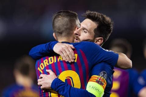 13.03.2019, xslx, Fussball Champions League, FC Barcelona Barca - Olympique Lyon emspor, v.l. Lionel Messi (FC Barcelona) Jubelt gemeinsam mit Jordi Alba (FC Barcelona) nach den Tor zum 3-1 (DFL DFB REGULATIONS PROHIBIT ANY USE OF PHOTOGRAPHS as IMAGE SEQUENCES and or QUASI-VIDEO) Barcelona