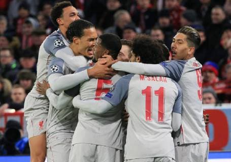 (190314) -- MUNICH, March 14, 2019 -- Liverpool s players celebrate their goal during the UEFA Champions League 1 8 finals second leg match between Bayern Munich of Germany and Liverpool of England in Munich, Germany, on March 13, 2019. Liverpool won 3-1 and advanced into the quarterfinals. ) (SP)GERMANY-MUNICH-SOCCER-UEFA CHAMPIONS LEAGUE-1 8 FINALS-BAYERN MUNICH VS LIVERPOOL PhilippexRuiz 