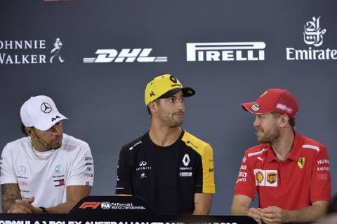 RICCIARDO Daniel F1 Team Renault mit VETTEL Sebastian und HAMILTON Lewis F1 GP Australien 2019 Pressekonferenz am 14. 03. 2019 in Melbourne