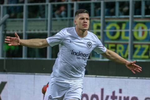 14.03.2019, xjfx, Fussball Europa League 1 8 Finale, Inter Mailand - Eintracht Frankfurt emspor, v.l. Luka Jovic (Eintracht Frankfurt) celebrate the goal, Der Torjubel zum 0:1 (DFL DFB REGULATIONS PROHIBIT ANY USE OF PHOTOGRAPHS as IMAGE SEQUENCES and or QUASI-VIDEO) Mailand