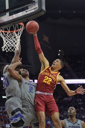 March 15,2019: Iowa State Cyclones guard Tyrese Haliburton (22) challenges Kansas State Wildcats guard Cartier Diarra (2) and Kansas State Wildcats forward Xavier Sneed (20) at the rim for a dunk during the Phillips 66 Big 12 Men s Basketball Championship Semi- Final game between the Kansas State Wildcats and the Iowa State Cyclones at the Sprint Center in Kansas City, Missouri. CSM NCAA College League USA Basketball 2019: Kansas State vs Iowa State MAR 15 - ZUMAc04_ 20190315_zaf_c04_225 Copyright: xKendallxShawx