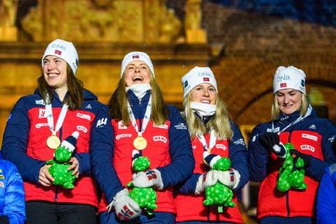 190316 Synnove Solemdal, Ingrid Landmark Tandrevold, Tiril Eckhoff, Marte Olsbu Roiseland of Norway celebrate during the medal ceremony for the Women s 4x6 km Relay during the IBU World Championships Biathlon on March 16, 2019 in Östersund. Photo: Petter Arvidson BILDBYRAN kod PA 92270 Copyright: PETTERxARVIDSON BB190316PA180