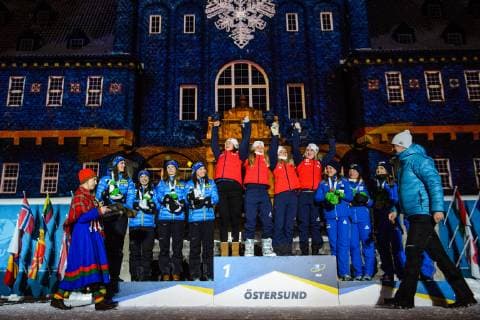 190316 Hanna Öberg, Linn Persson, Mona Brorsson, Anna Magnusson of Sweden, Synnove Solemdal, Ingrid Landmark Tandrevold, Tiril Eckhoff, Marte Olsbu Roiseland of Norway and Anastasiya Merkushyna, Vita Semerenko, Yuliia Dzhima and Valj Semerenko of Ukraine celebrate during the medal ceremony for the Women s 4x6 km Relay during the IBU World Championships Biathlon on March 16, 2019 in Östersund. Photo: Petter Arvidson BILDBYRAN kod PA 92270 Copyright: PETTERxARVIDSON BB190316PA181