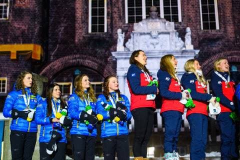 190316 Hanna Öberg, Linn Persson, Mona Brorsson, Anna Magnusson of Sweden and Synnove Solemdal, Ingrid Landmark Tandrevold, Tiril Eckhoff, Marte Olsbu Roiseland of Norway celebrate during the medal ceremony for the Women s 4x6 km Relay during the IBU World Championships Biathlon on March 16, 2019 in Östersund. Photo: Petter Arvidson BILDBYRAN kod PA 92270 Copyright: PETTERxARVIDSON BB190316PA183