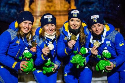 190316 Anastasiya Merkushyna, Vita Semerenko, Yuliia Dzhima and Valj Semerenko of Ukraine celebrate during the medal ceremony for the Women s 4x6 km Relay during the IBU World Championships Biathlon on March 16, 2019 in Östersund. Photo: Petter Arvidson BILDBYRAN kod PA 92270 Copyright: PETTERxARVIDSON BB190316PA184