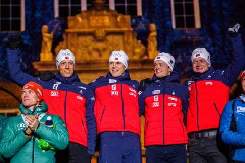 190316 Johannes Thingnes Bo, Vetle Sjastad Christiansen, Tarjei Bo and Johannes Thingnes Bo of Norway celebrate during the medal ceremony for the Men s 4x7,5 km Relay during the IBU World Championships Biathlon on March 16, 2019 in Östersund. Photo: Petter Arvidson BILDBYRAN kod PA 92270 Copyright: PETTERxARVIDSON BB190316PA189